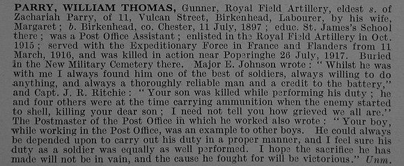 Parry W T Gnr 677095 Royal Field Artillery Obit De Ruvignys Roll Of Honour Vol 4