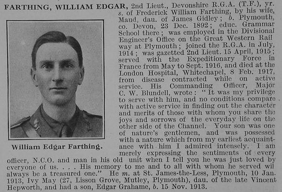 Farthing W E 2nd Lt Royal Garrison Artillery Obit De Ruvignys Roll Of Honour Vol 3