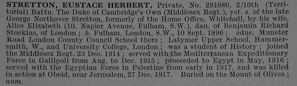 Stretton E H Pte 291080 10th Middlesex Regiment Obit De Ruvignys Roll Of Honour Vol 4