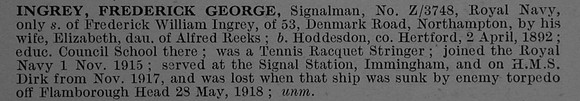 Ingrey F G Sig Z/3748 H.M. Trawler Dirk Royal Naval Volunteer Reserve Obit De Ruvignys Roll Of Honour Vol 4