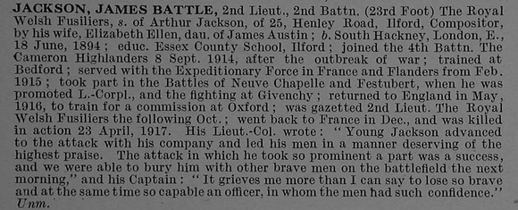 Jackson J B 2nd Lt 2nd Royal Welsh Fusiliers Obit De Ruvignys Roll Of Honour Vol 4