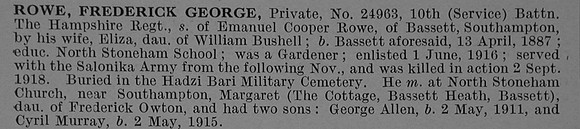 Rowe F G Pte 24963 10th Hampshire Regiment Obit De Ruvignys Roll Of Honour Vol 4