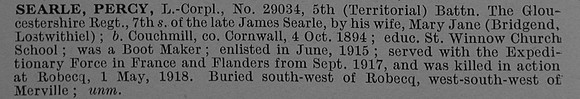 Searle P L/Cpl 29034 5th Gloucestershire Regiment Short Obit De Ruvignys Roll Of Honour Vol 4