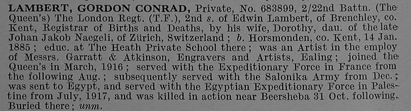 Lambert G C Pte 683899 22nd London Regiment Obit De Ruvignys Roll Of Honour Vol 4