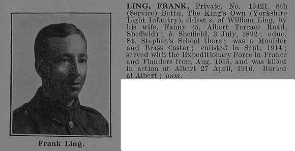 Ling F Pte 13421 8th Kings Own Yorkshire Light Infantry Obit De Ruvignys Roll Of Honour Vol 4