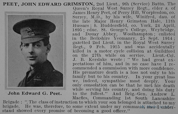 Peet J E G 2nd Lt 9th Queen's Royal West Surrey Regiment Obit De Ruvignys Roll Of Honour Vol 1