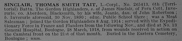 Sinclair T S T LCpl 265413 6th Gordon Highlanders Obit De Ruvignys Roll Of Honour Vol 4