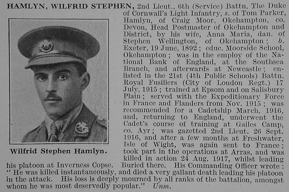 Hamlyn W S 2nd Lt 6th Duke Of Cornwalls Light Infantry Obit De Ruvignys Roll Of Honour Vol 3