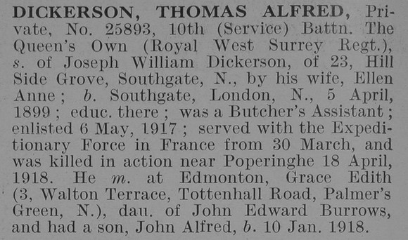 Dickerson T A Pte 10th Queen's Royal West Surrey Regiment Obit De Ruvignys Roll Of Honour Vol 3