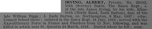 Irving A Pte 29162 10th Essex Regiment Short Obit De Ruvignys Roll Of Honour Vol 4