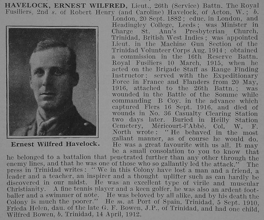 Havelock E W Lt 26th Royal Fusiliers Obit De Ruvignys Roll Of Honour Vol 3