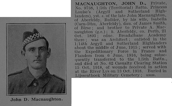 MacNaughton J D Pte 9738 5th Argyll & Sutherland Highlanders Obit De Ruvignys Roll Of Honour Vol 5
