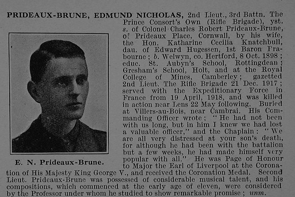 Prideaux-Brune E N 2nd Lt 3rd Rifle Brigade Obit De Ruvignys Roll Of Honour Vol 4