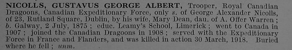 Nicolls G G A Tpr Royal Canadian Dragoons Short Obit De Ruvignys Roll Of Honour Vol 4