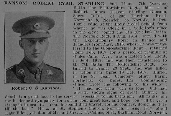 Ransom R C S 2nd Lt 7th Bedfordshire Regiment Obit De Ruvignys Roll Of Honour Vol 3