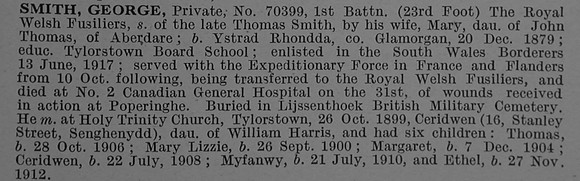 Smith G Pte 70399 1st Royal Welsh Fusiliers Obit De Ruvignys Roll Of Honour Vol 4
