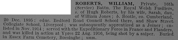 Roberts W Pte 18393 16th Royal Welsh Fusiliers Obit De Ruvignys Roll Of Honour Vol 4
