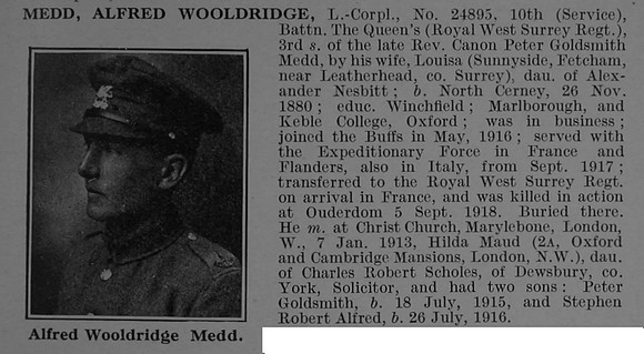 Medd A W L/Cpl 24895 10th Queens Royal West Surrey Regiment Obit De Ruvignys Roll Of Honour Vol 4