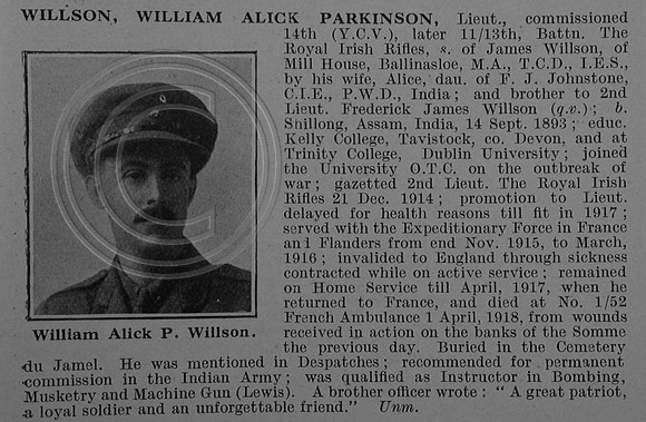Willson W A P Lt 12th Attd 22nd Royal Irish Rifles Obit De Ruvignys Roll Of Honour Vol 4