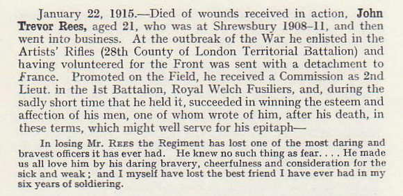 Rees J T 2nd Lt 1st Royal Welsh Fusiliers Obituary Shrewsbury School Roll Of Service 1914-1918 1921
