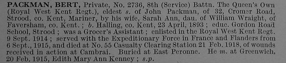 Packman B Pte 2736 8th Queens Own Royal West Kent Regiment Obit De Ruvignys Roll Of Honour Vol 4