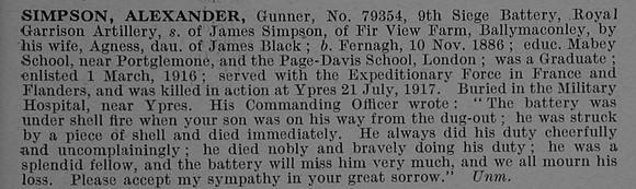 Simpson A Gnr 79354 Royal Garrison Artillery Obit De Ruvignys Roll Of Honour Vol 4