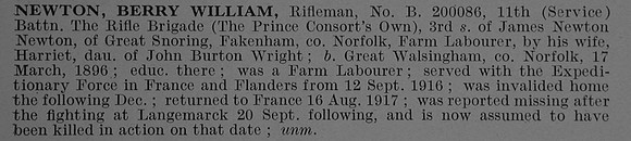 Newton B W Rfn 200086 11th Rifle Brigade Obit De Ruvignys Roll Of Honour Vol 4