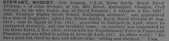 Stewart R AB Clyde Z-56 Howe Bn. R.N. Div Royal Naval Volunteer Reserve Obit De Ruvignys Roll Of Honour Vol 4