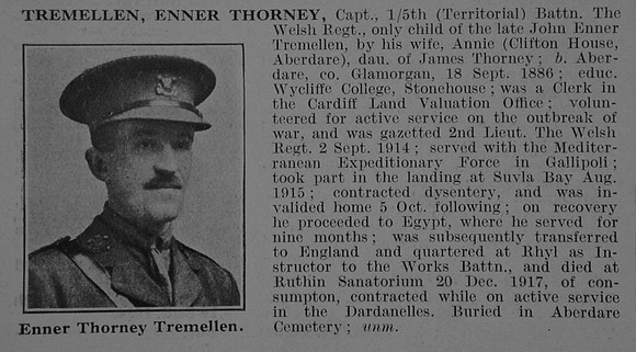 Tremellen E T Captain 5th Welsh Regiment Obit De Ruvignys Roll Of Honour Vol 3