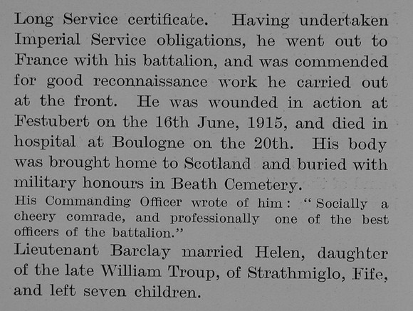 Barclay W K Lt 7th Black Watch Obit Part 3 The Bond Of Sacrifice Vol 2