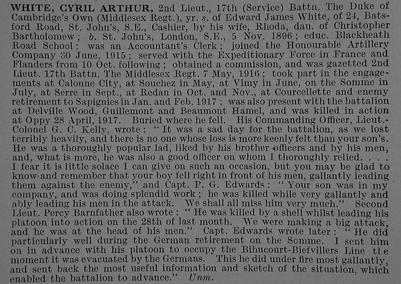 White C A 2nd Lt 17th Middlesex Regiment Obit De Ruvignys Roll Of Honour Vol 4