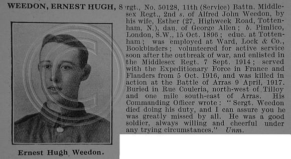 Weedon E H Sergt 50128 11th Middlesex Regiment Obit De Ruvignys Roll Of Honour Vol 4