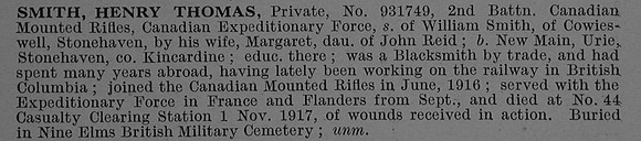 Smith H T Pte 931749 2nd Canadian Mounted Rifles (British Columbia Regiment) Obit De Ruvignys Roll Of Honour Vol 4