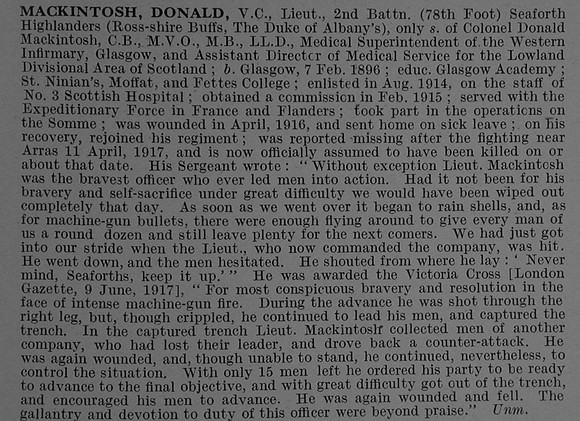 MacKintosh D Lt VC 2nd Seaforth Highlanders Obit De Ruvignys Roll Of Honour Vol 4