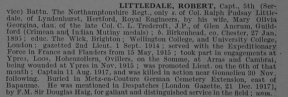 Littledale R Captain 5th Northamptonshire Regiment Obit De Ruvignys Roll Of Honour Vol 4