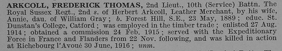 Arkcoll F T 2nd Lt 10th Royal Sussex Regiment Obit De Ruvignys Roll Of Honour Vol 4