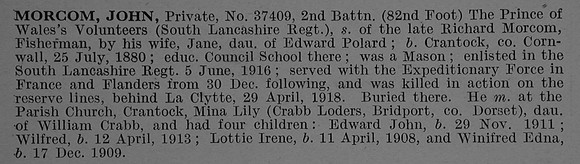 Morcom J Pte 37409 2nd South Lancashire Regiment Obit De Ruvignys Roll Of Honour Vol 4
