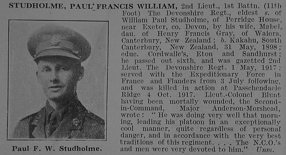 Studholme P F W 2nd Lt 1st Devonshire Regiment Obit De Ruvignys Roll Of Honour Vol 3