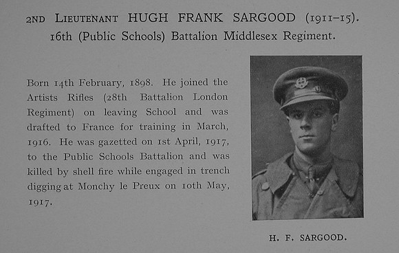 Sargood H F 2nd Lt 16th Middlesex Regiment Obit Dulwich College Roll Of Honour