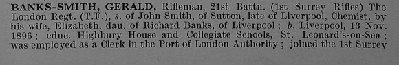 Banks-Smith G Rfn 2692 21st London Regiment (First Surrey Rifles) Obit Part 1 De Ruvignys Roll Of Honour Vol 4