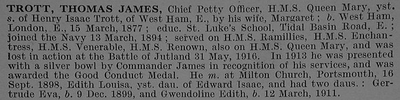 Trott T J Chief Petty Officer 156177 HMS Queen Mary Royal Navy Obit De Ruvignys Roll Of Honour Vol 4