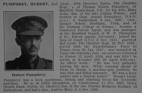 Pumphrey H 2nd Lt 10th Cheshire Regiment Obit De Ruvignys Roll Of Honour Vol 4