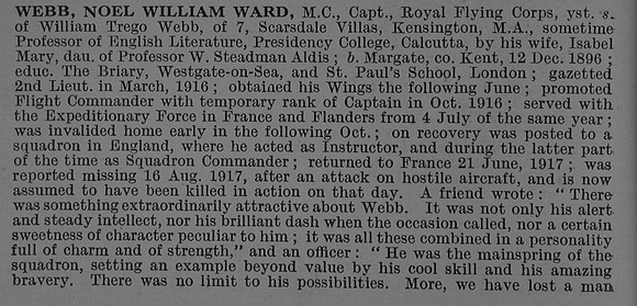 Webb N W W Captain MC Royal Flying Corps Obit Part 1 De Ruvignys Roll Of Honour Vol 4