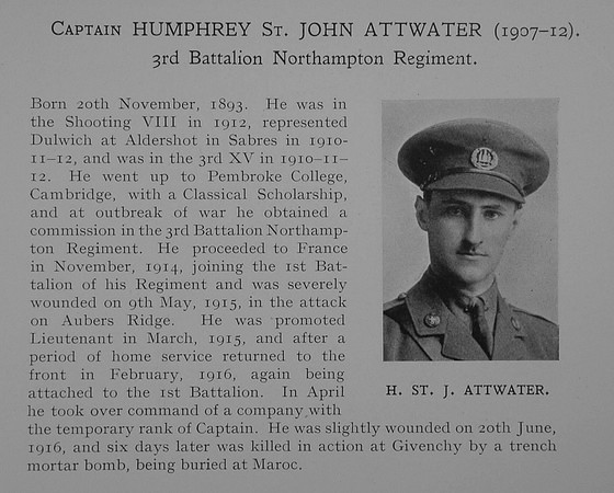 Attwater H St J Captain 3rd Northants Regiment Obit Dulwich College Roll Of Honour