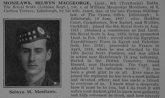 Monilaws S M Lt 8th Royal Scots Obit Part 1 De Ruvignys Roll Of Honour Vol 5