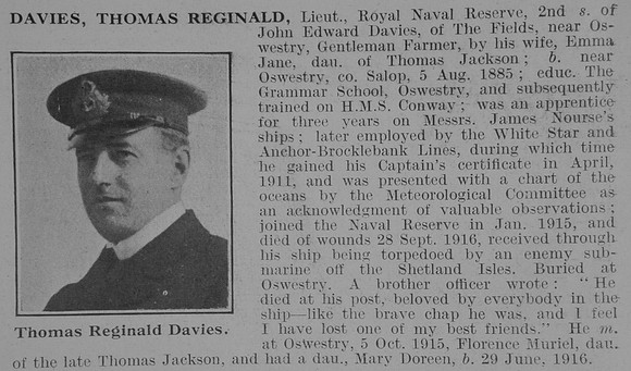 Davies T R Lt Royal Naval Reserve Obit De Ruvignys Roll Of Honour Vol 3