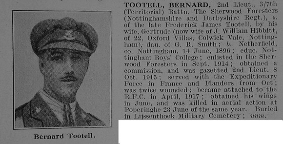 Tootell B 2nd Lt 7th Notts & Derby Regiment Obit De Ruvignys Roll Of Honour Vol 3