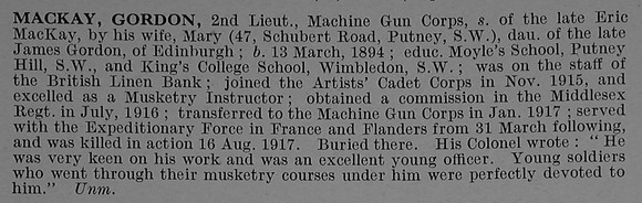 MacKay G 2nd Lt Machine Gun Corps Obit De Ruvignys Roll Of Honour Vol 4