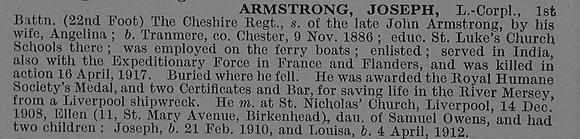Armstrong J L/Cpl 1st Cheshire Regiment Obit De Ruvignys Roll Of Honour Vol 4