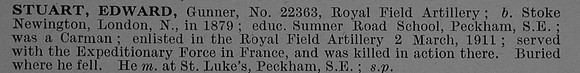 Stuart E Gnr 22363 Royal Field Artillery Short Obit De Ruvignys Roll Of Honour Vol 4